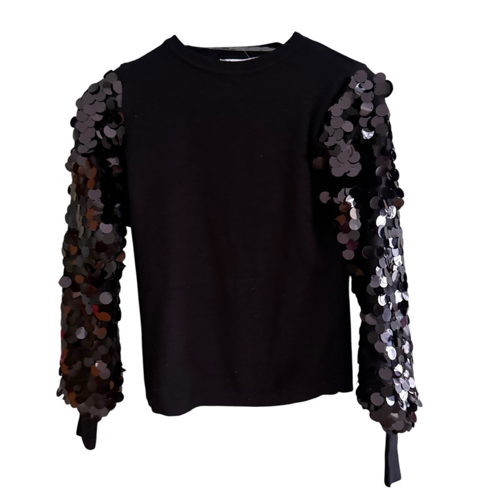 Sioni Milano Black Sequin Sleeve Crew Neck Sweater Women’s XS Party Glamour - Picture 6 of 12